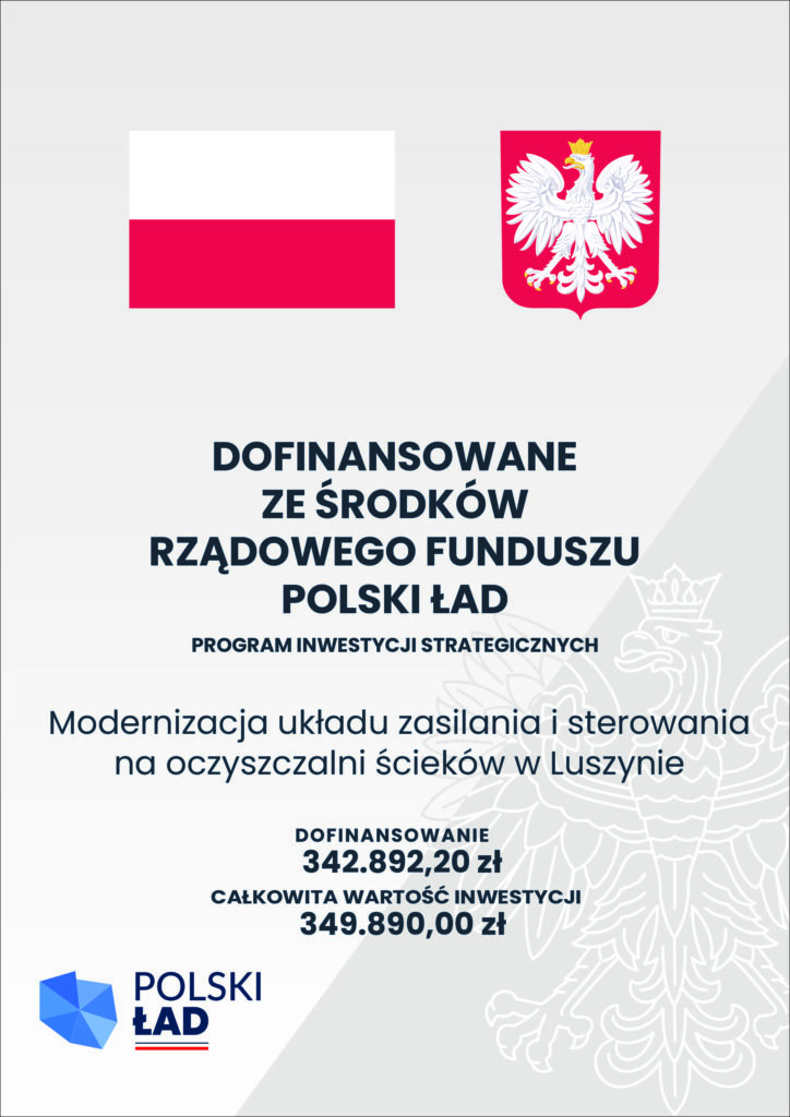 Plakat informujący o dofinansowaniu modernizacji oczyszczalni ścieków w Luszynie