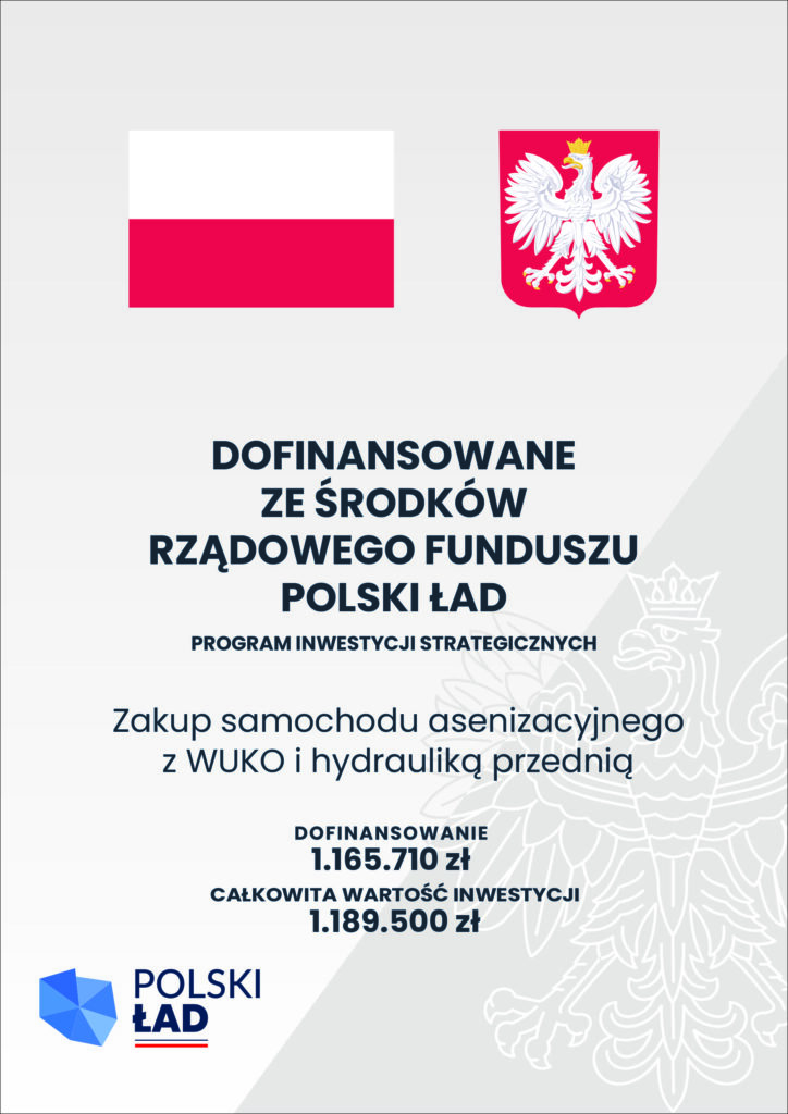 Plakat informujący o dofinansowaniu zakupu samochodu asenizacyjnego z WUKO i hydrauliką przednią.